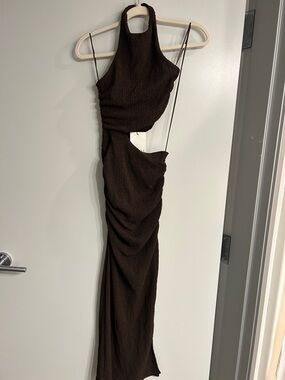 Zara Brown Asymmetrical Cutout Halter Maxi Dress